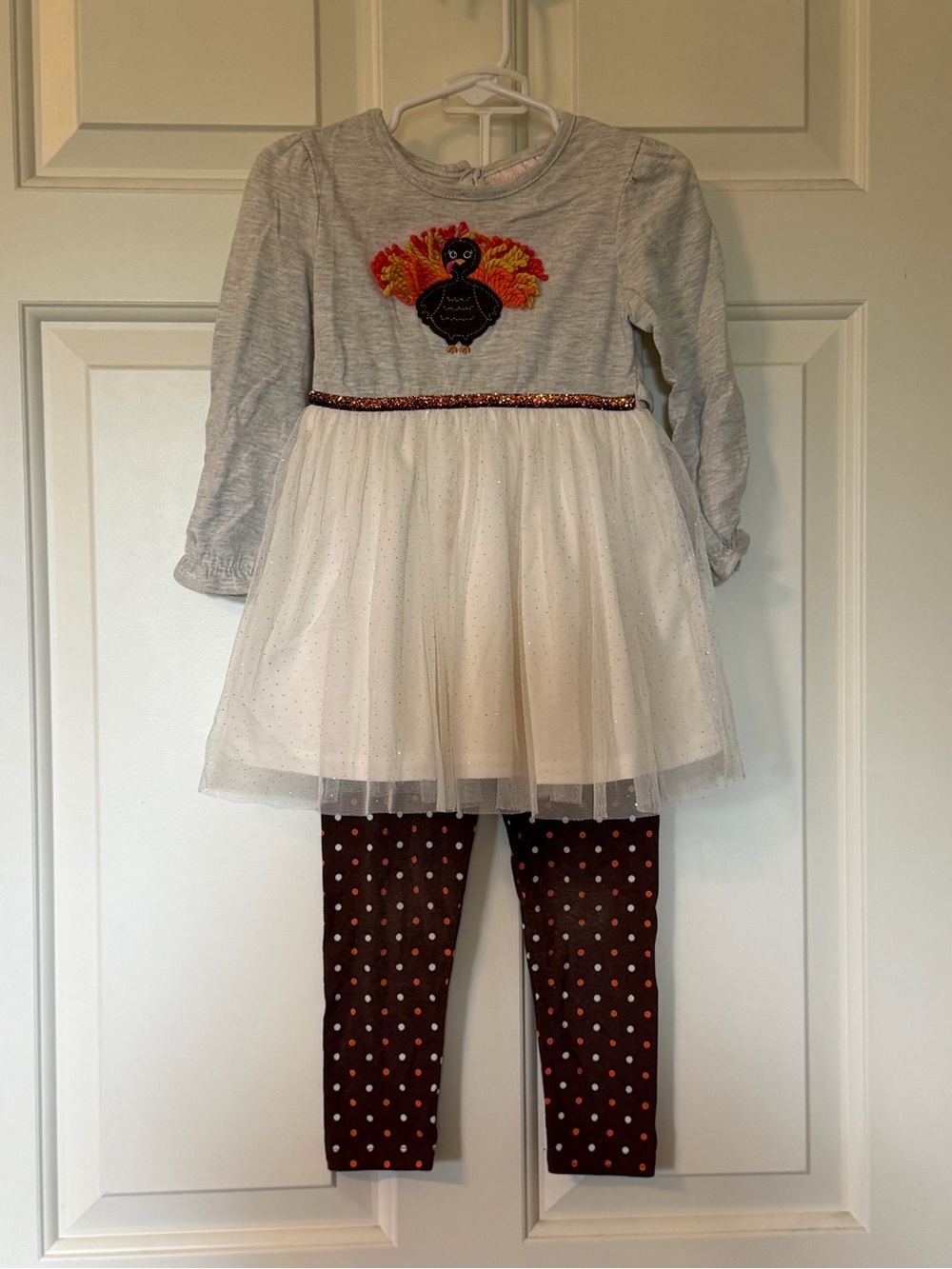 Youngland Gray and White Turkey Tulle Dress Set with Brown Polka Dot Leggings